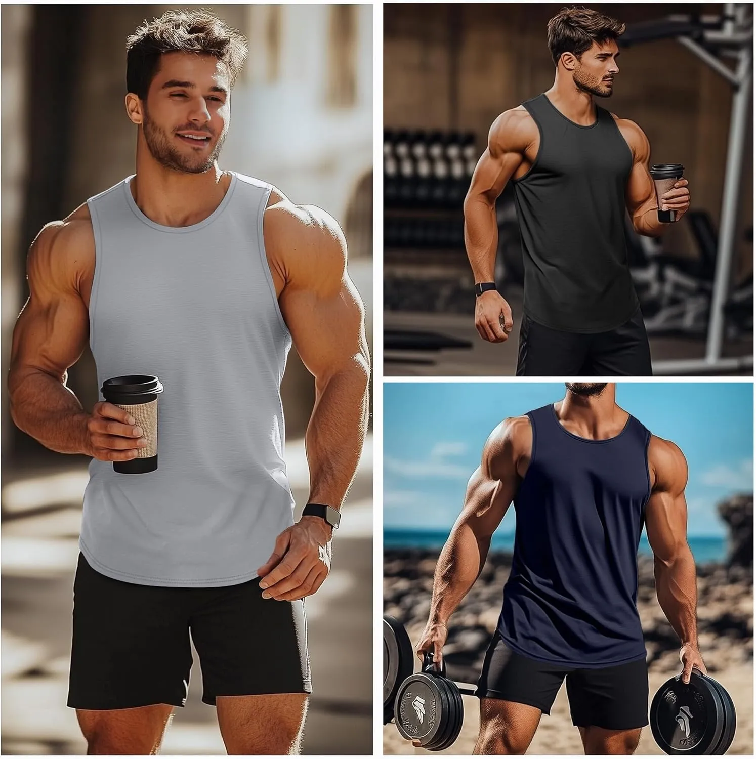 3 Pack Big and Tall Cotton Men's Tank Tops Plus Size Workout Sleeveless Tee Shirts Crew Neck Muscle Shirts L-5XL
