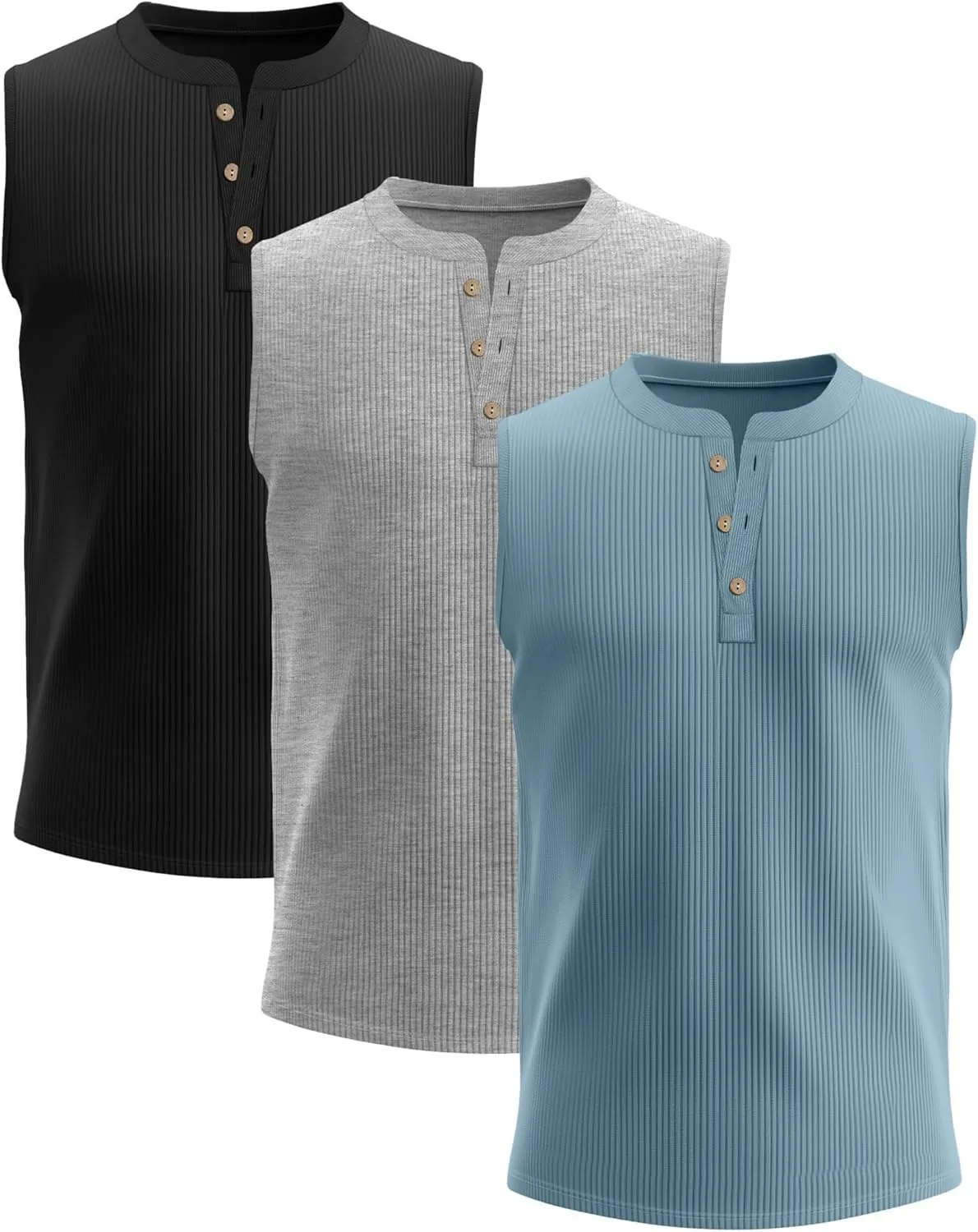 3 Pcs Men's Big and Tall Tank Top Ribbed Plus Size Sleeveless Henley Shirt Crewneck T Shirt 1X-5X