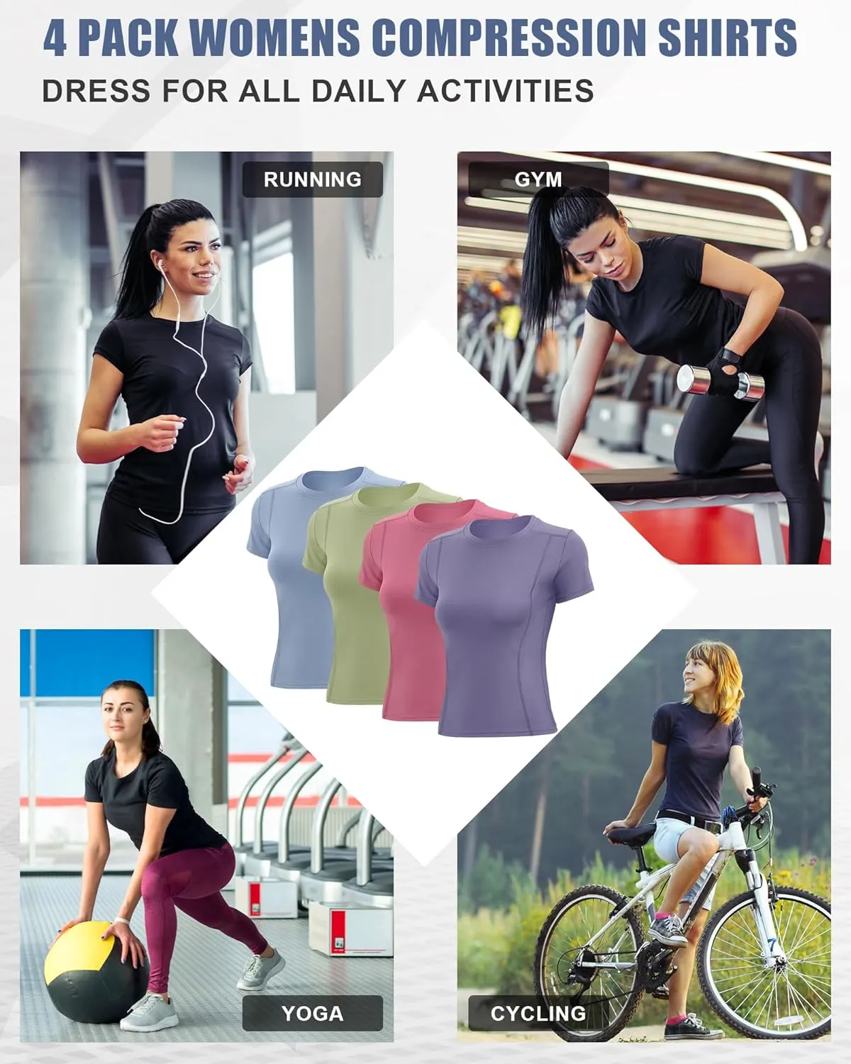 4 Pack Women Workout Shirts Short Sleeve Workout Tops for Women Dry Fit Compression Shirt for Yoga Gym
