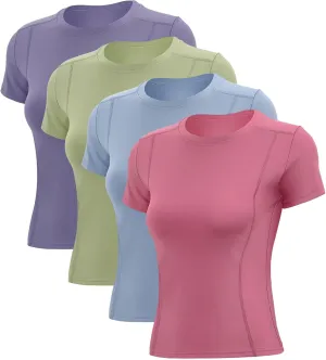 4 Pack Women Workout Shirts Short Sleeve Workout Tops for Women Dry Fit Compression Shirt for Yoga Gym