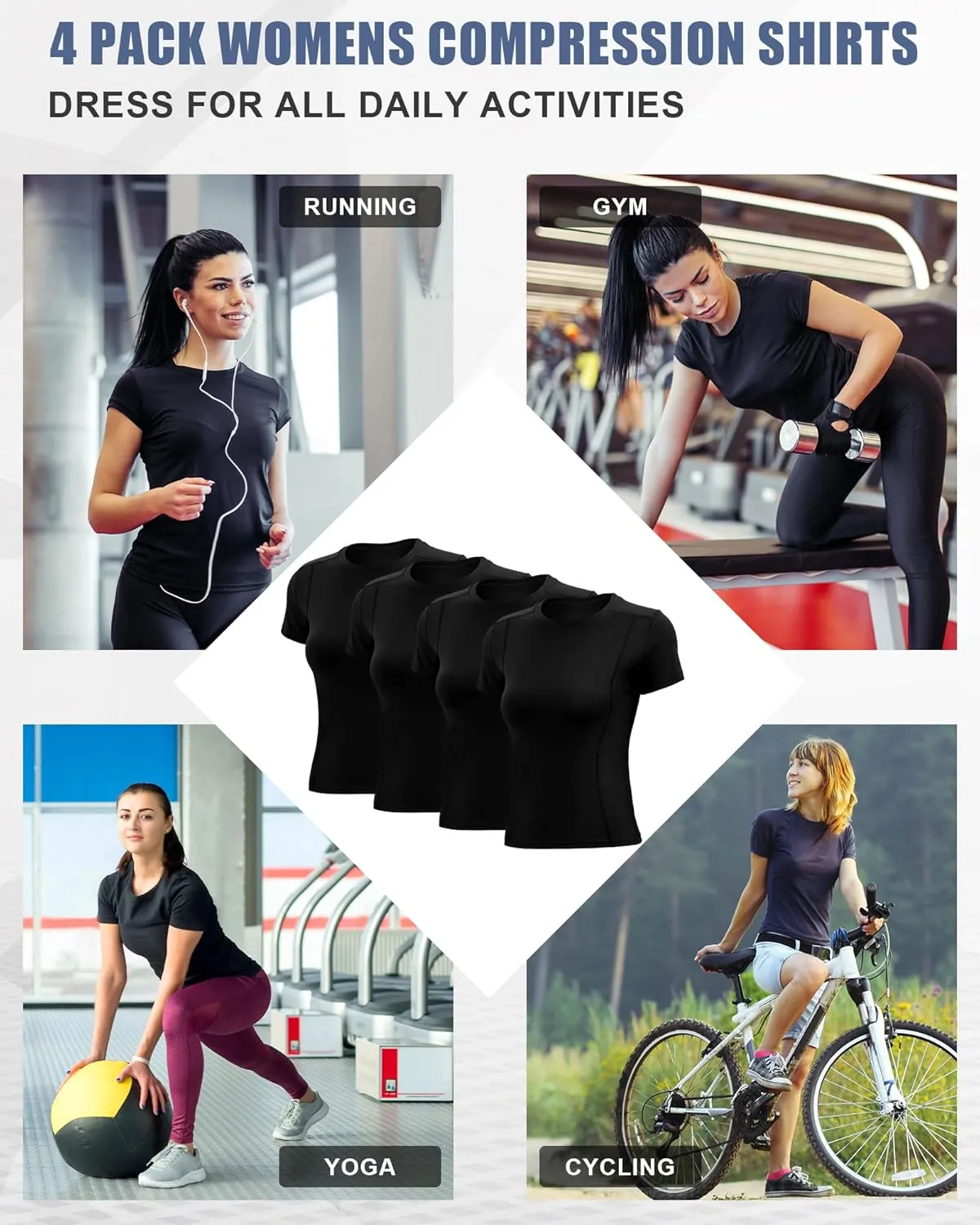 4 Pack Women Workout Shirts Short Sleeve Workout Tops for Women Dry Fit Compression Shirt for Yoga Gym