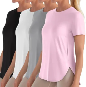 4 Pack Women's Workout T Shirts Short Sleeve Athletic Basic Tee Tops Quick Dry UPF 50  Sun Protection with Split Hem