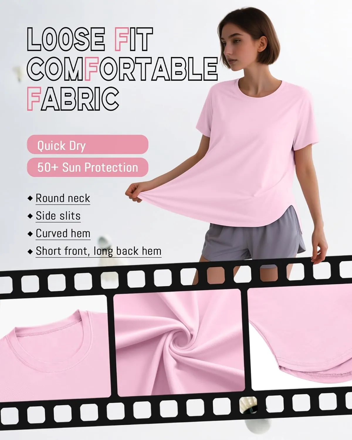 4 Pack Women's Workout T Shirts Short Sleeve Athletic Basic Tee Tops Quick Dry UPF 50  Sun Protection with Split Hem