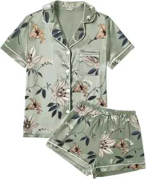 4Pcs Womens Satin Silky Pajama Sets Short Sleeve Shirt XS-4XL Floral Pajamas Set Soft PJ Loungewear Sleepwear