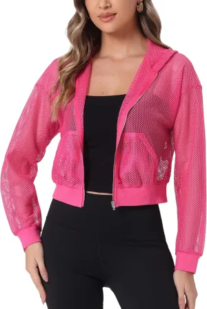 Allegra K Hoodie Jacket for Women's Zip Up Cropped Mesh Jackets Workout Long Sleeve Sheer Bomber Jacket