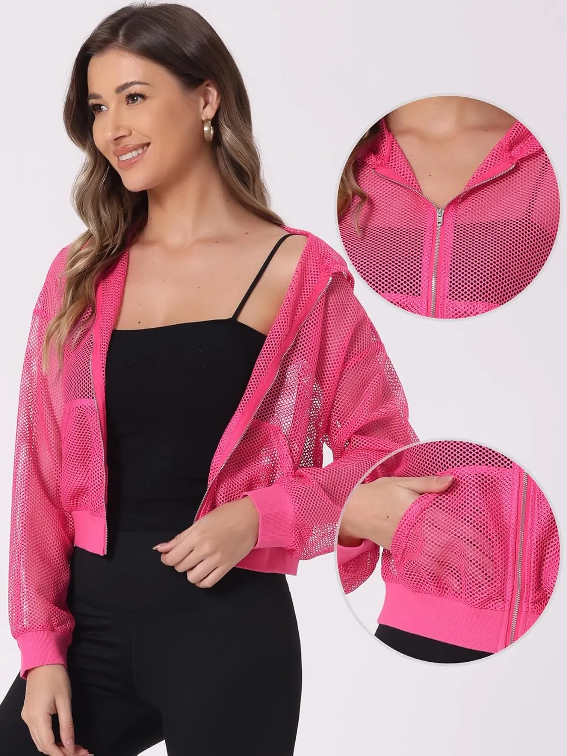 Allegra K Hoodie Jacket for Women's Zip Up Cropped Mesh Jackets Workout Long Sleeve Sheer Bomber Jacket