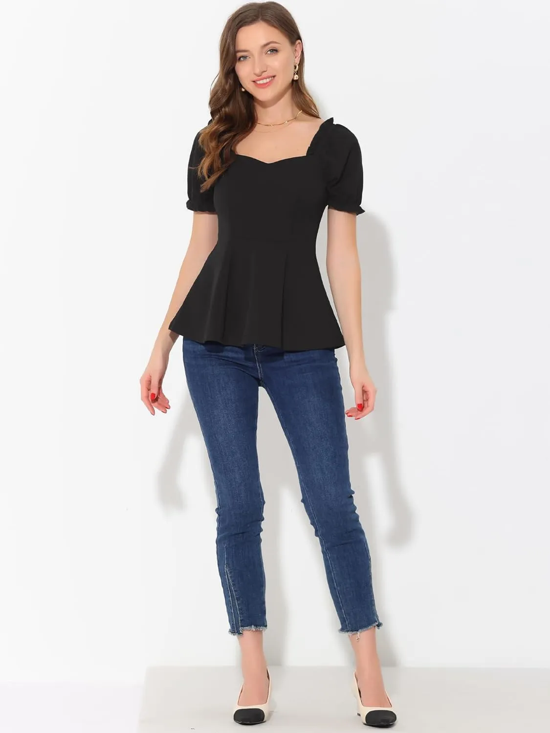 Allegra K Peplum Top for Women's Elegant Ruffles Puff Sleeve Sweetheart Neck Blouse