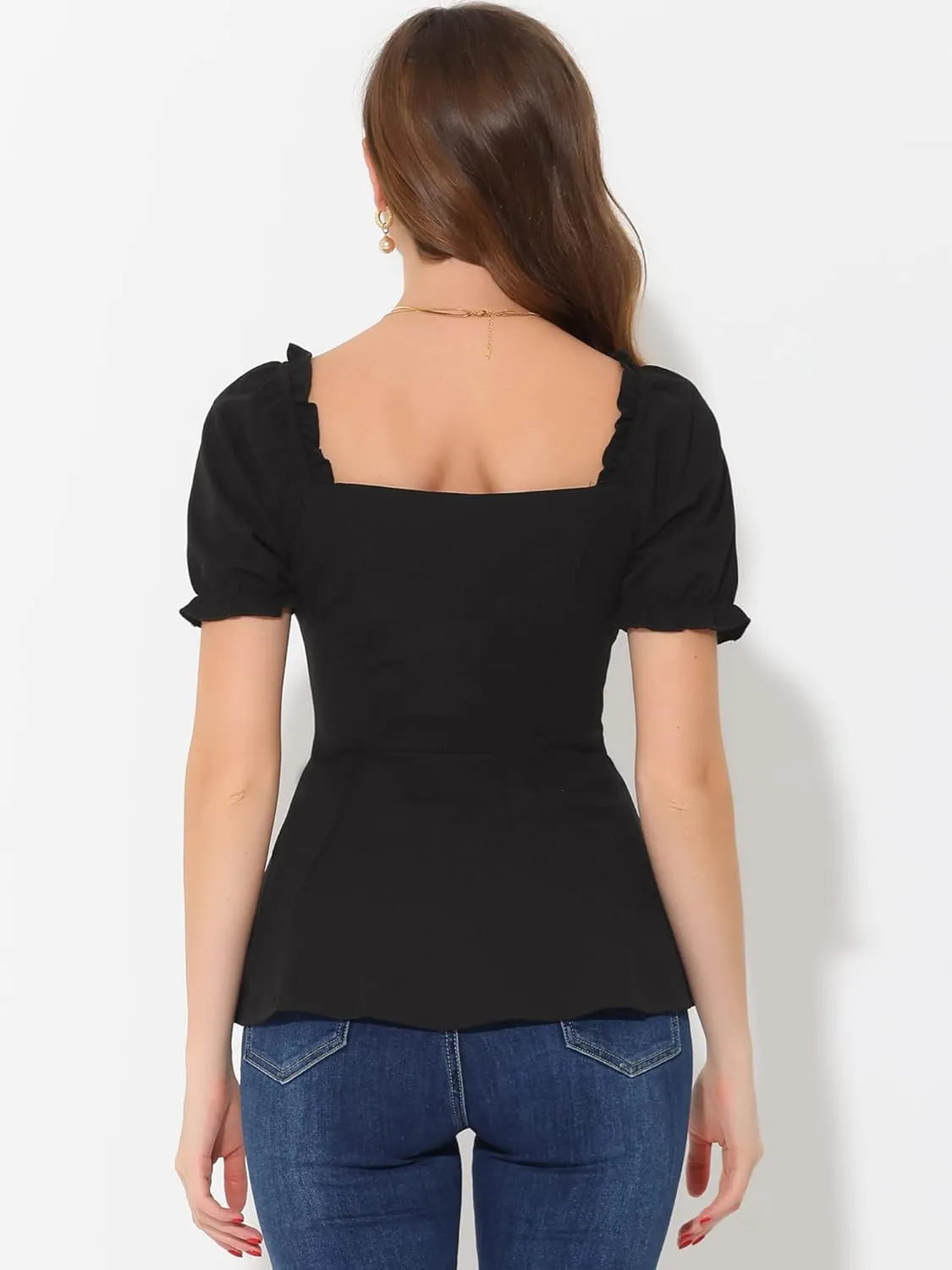 Allegra K Peplum Top for Women's Elegant Ruffles Puff Sleeve Sweetheart Neck Blouse