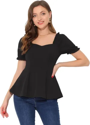 Allegra K Peplum Top for Women's Elegant Ruffles Puff Sleeve Sweetheart Neck Blouse
