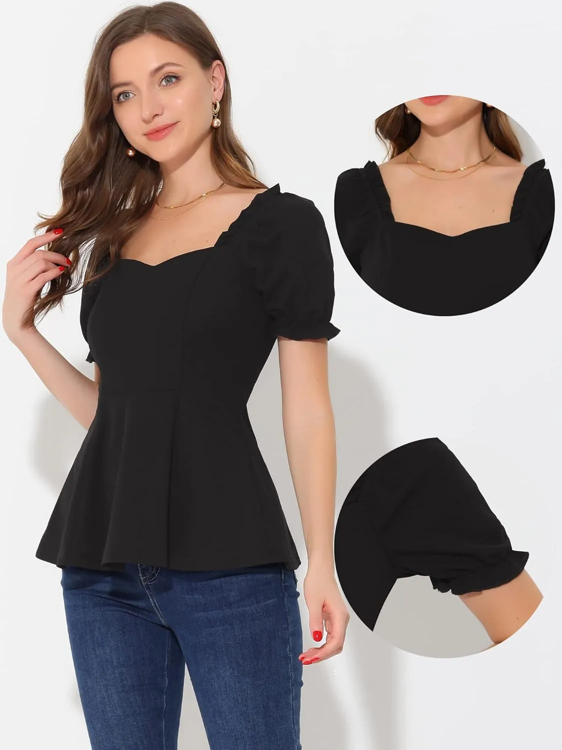 Allegra K Peplum Top for Women's Elegant Ruffles Puff Sleeve Sweetheart Neck Blouse