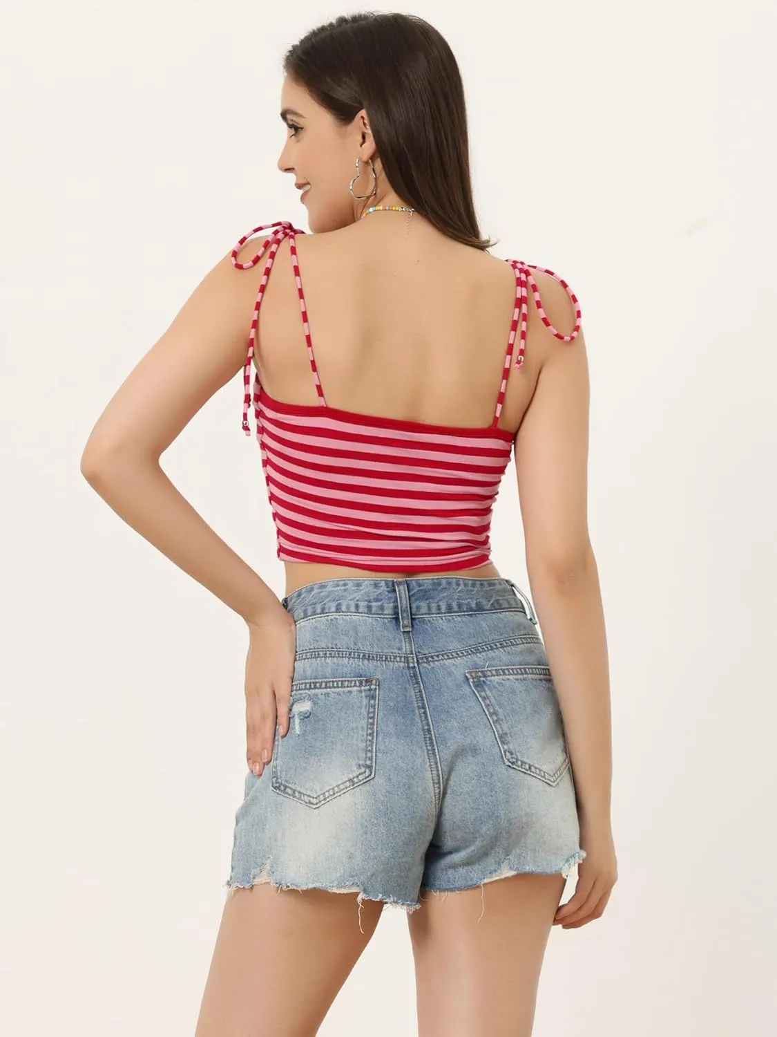 Allegra K Women's Cami Tube Top Tie Spaghetti Straps Sleeveless Summer Crop Tops