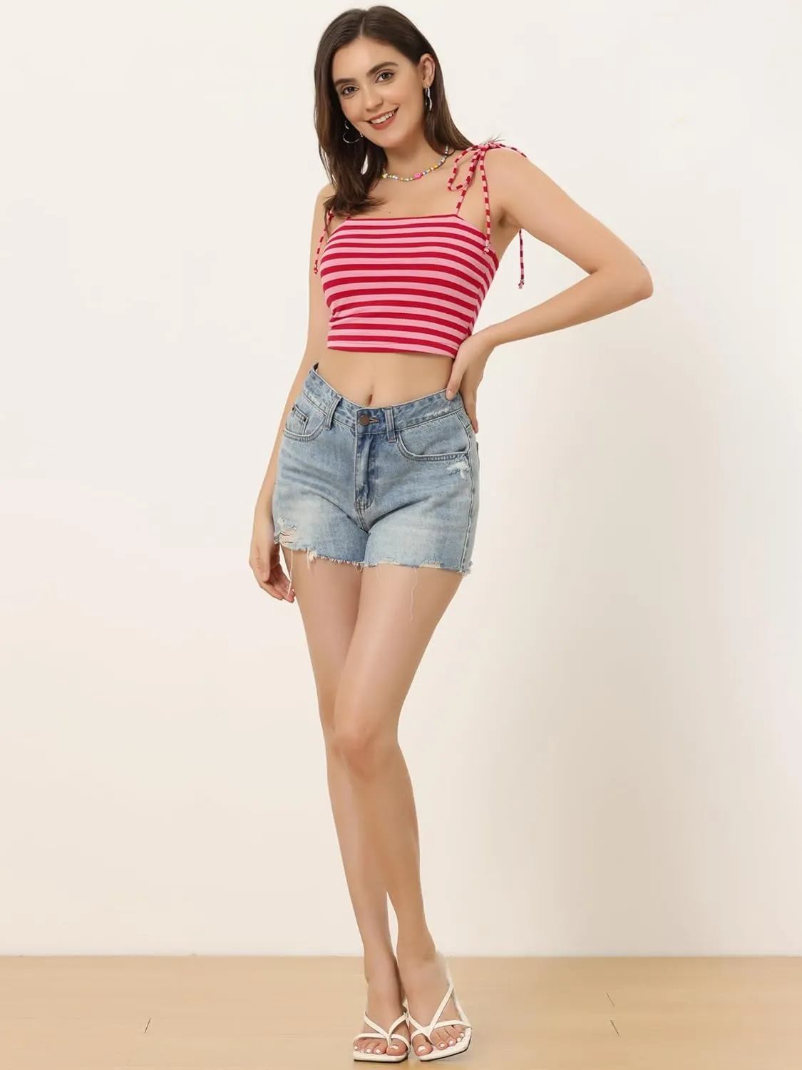 Allegra K Women's Cami Tube Top Tie Spaghetti Straps Sleeveless Summer Crop Tops