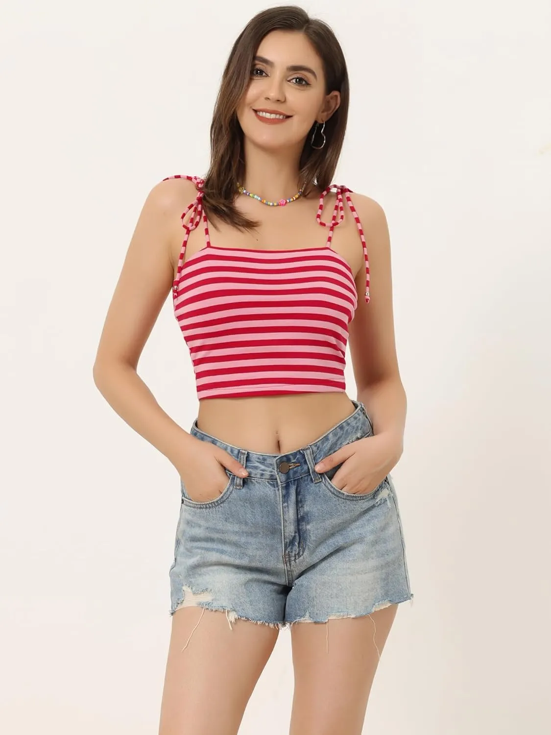 Allegra K Women's Cami Tube Top Tie Spaghetti Straps Sleeveless Summer Crop Tops