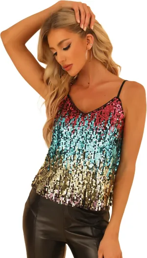 Allegra K Women's Sequined Shining Camisole Club Party Glitter Disco Sparkle Cami Top