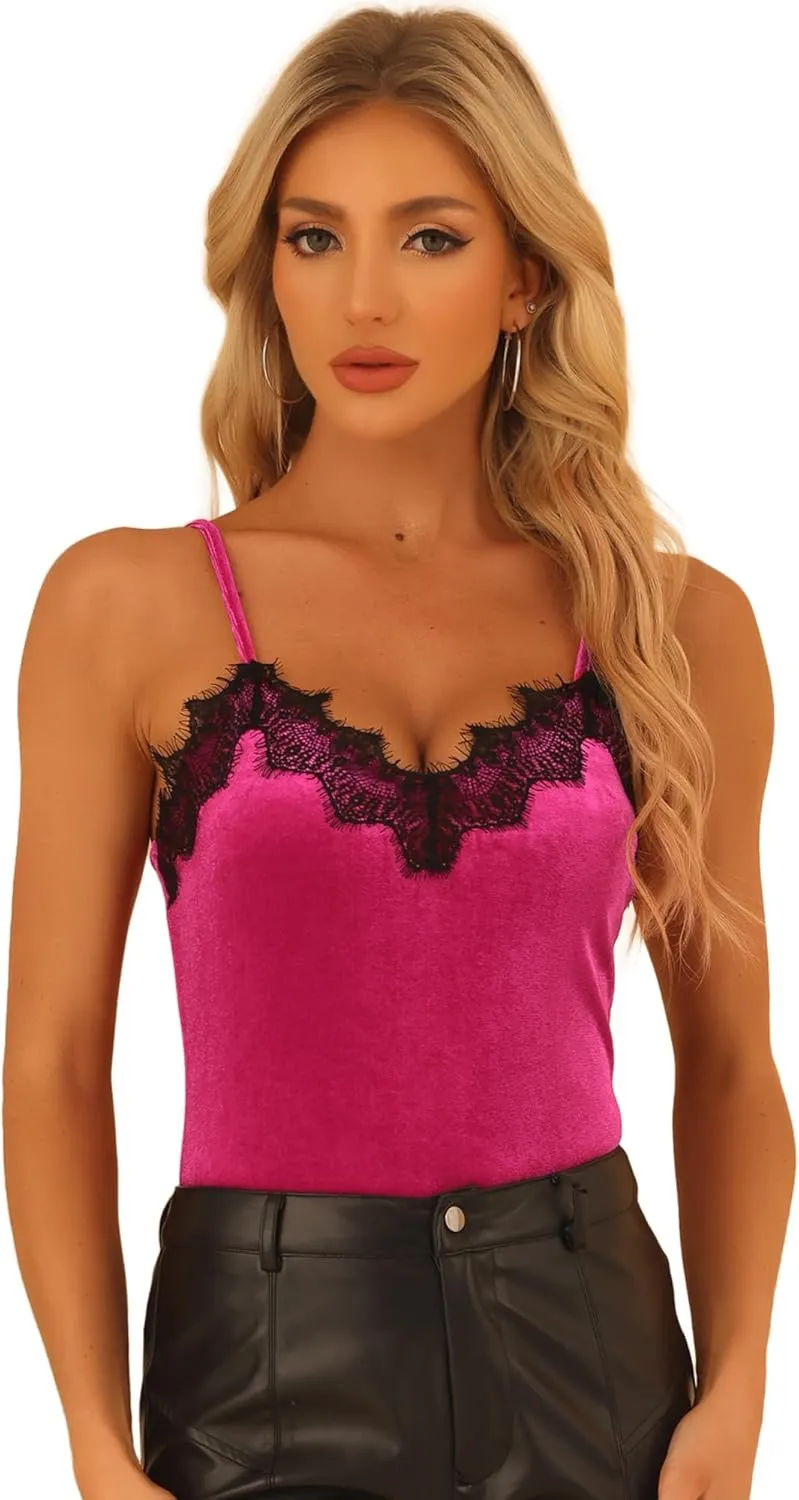 Allegra K Women's Velvet Camisole Lace Velour Party Club Spaghetti Strap Cami Top