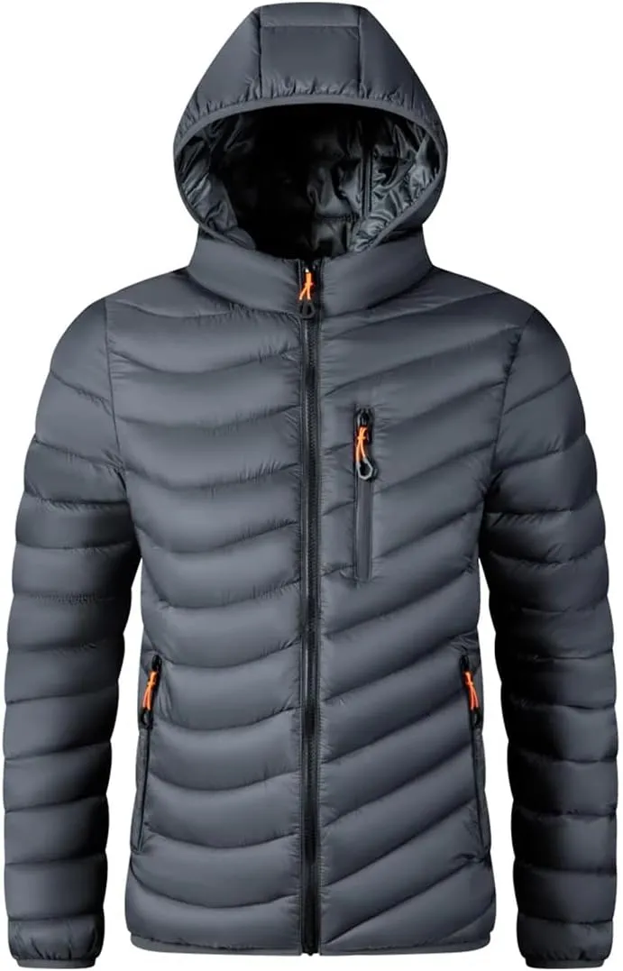 Alloaone Men Windbreaker Hooded Parkas Warm Jacket Lightweight Cotton Padded Jacket Coat