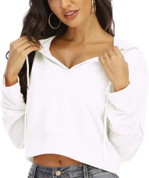 Anbenser Womens Cropped Hoodies Long Sleeve Pullover Crop Top Deep V Neck Sweatshirt