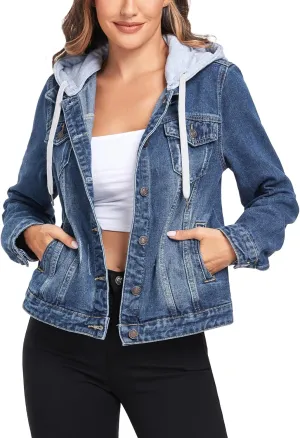 Anienaya Women's Hooded Jean Jacket Drawstring Layered Washed Long Sleeve Detachable Hoodie Denim Jacket w 2 Pockets