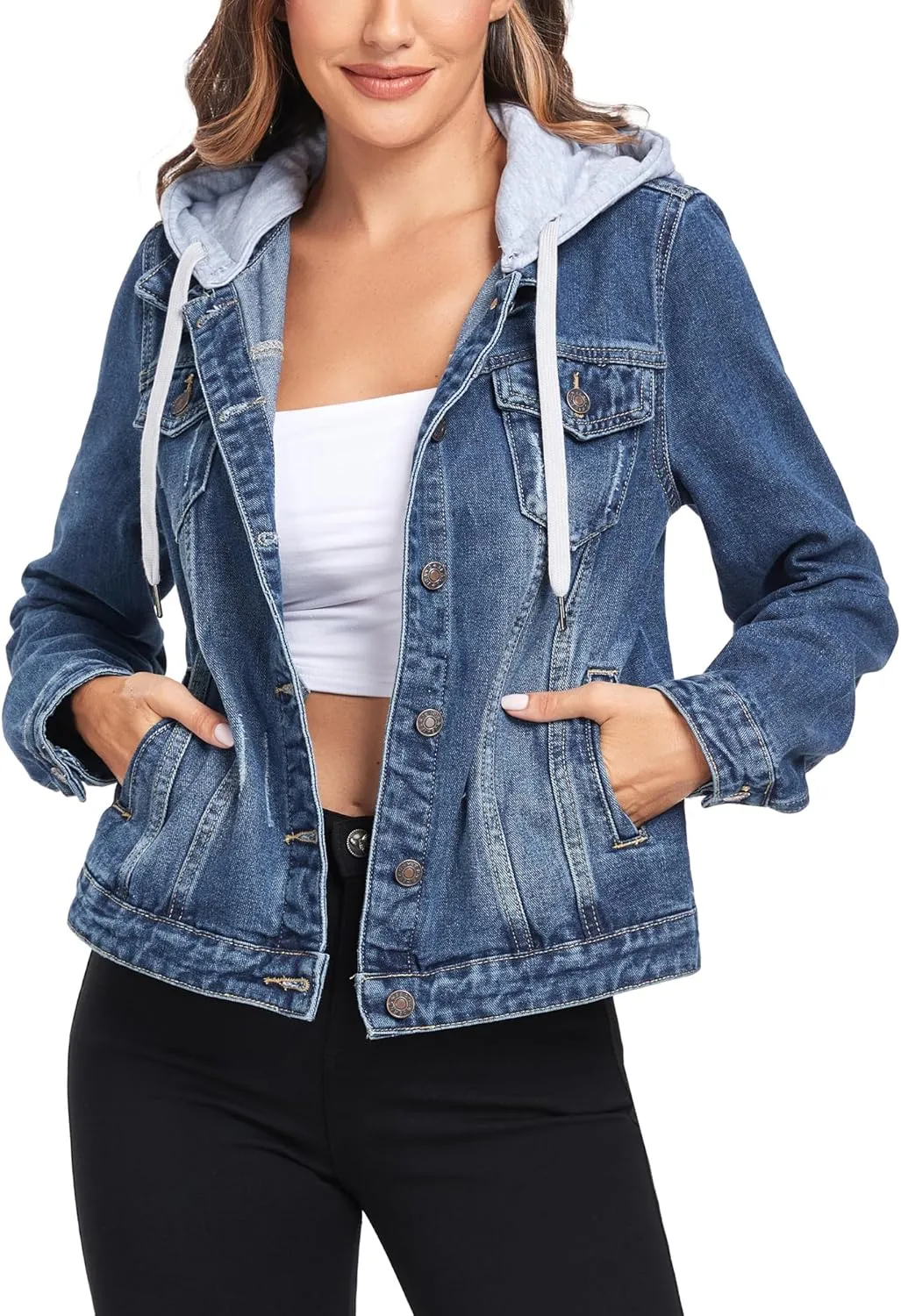 Anienaya Women's Hooded Jean Jacket Drawstring Layered Washed Long Sleeve Detachable Hoodie Denim Jacket w 2 Pockets