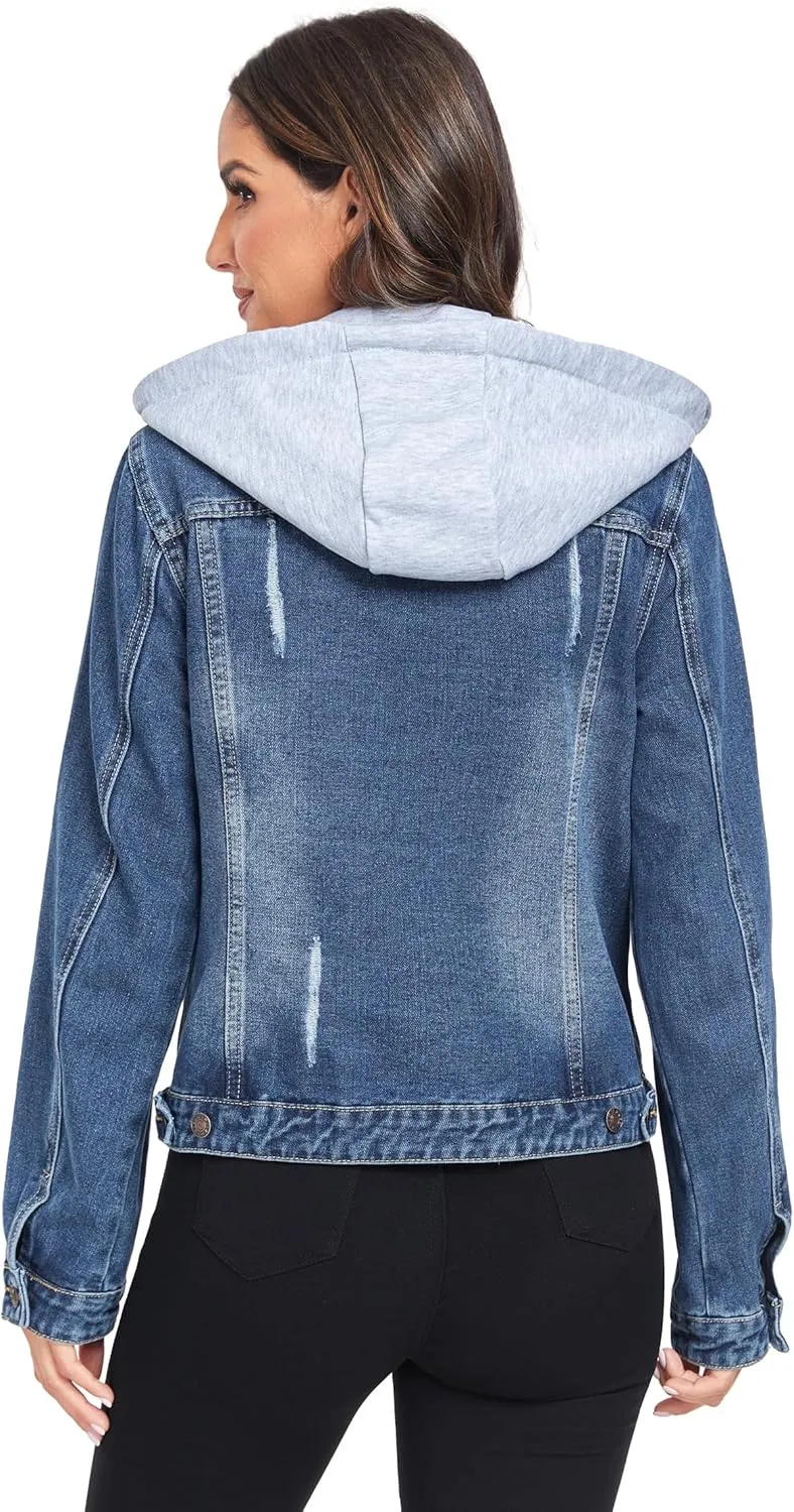 Anienaya Women's Hooded Jean Jacket Drawstring Layered Washed Long Sleeve Detachable Hoodie Denim Jacket w 2 Pockets