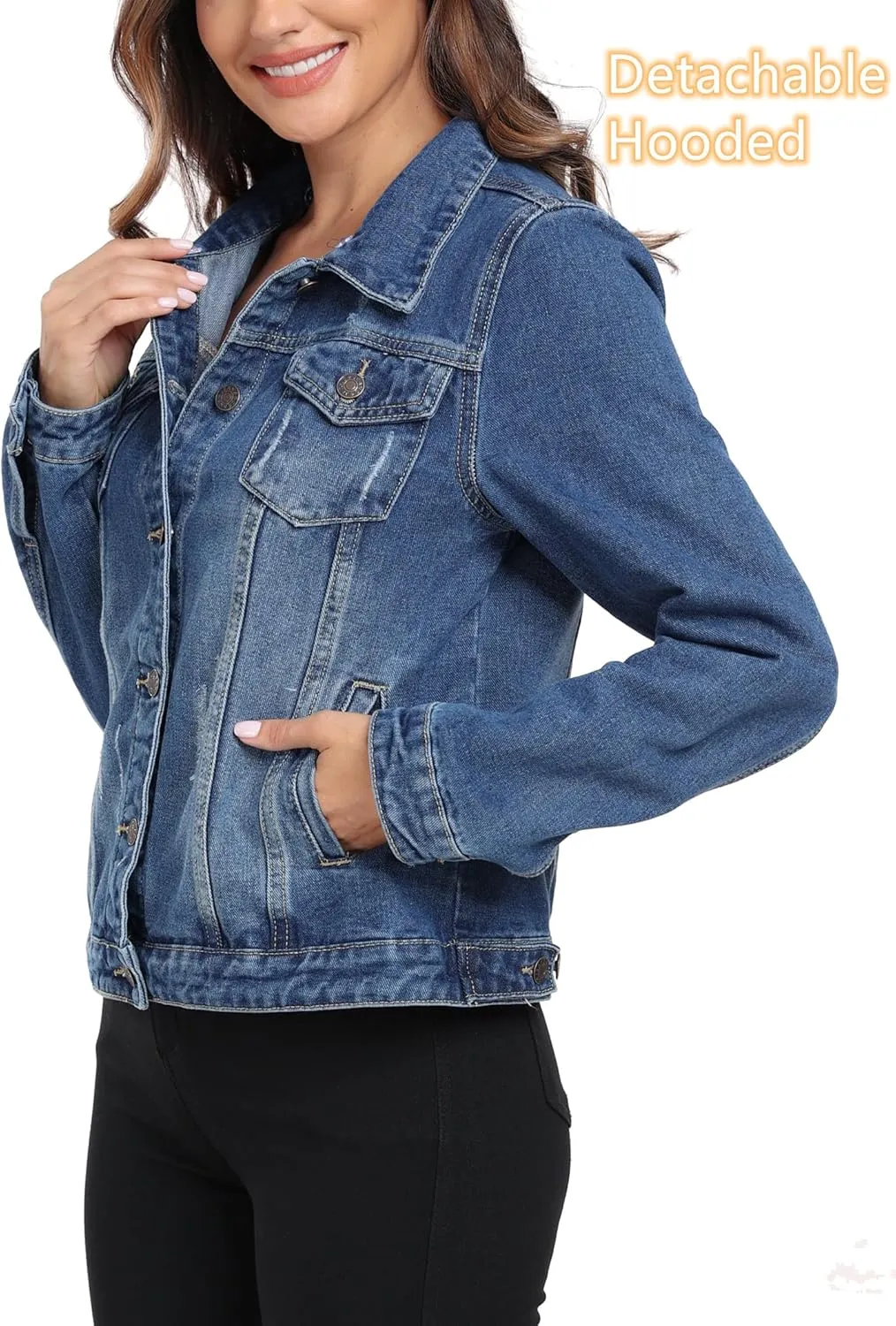 Anienaya Women's Hooded Jean Jacket Drawstring Layered Washed Long Sleeve Detachable Hoodie Denim Jacket w 2 Pockets