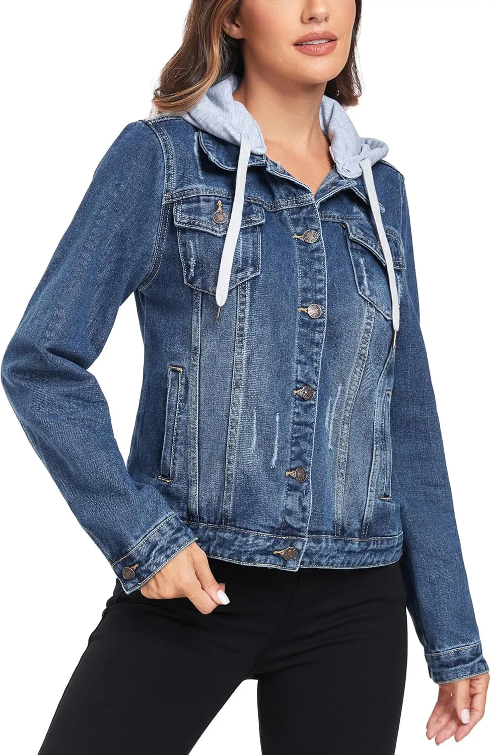 Anienaya Women's Hooded Jean Jacket Drawstring Layered Washed Long Sleeve Detachable Hoodie Denim Jacket w 2 Pockets
