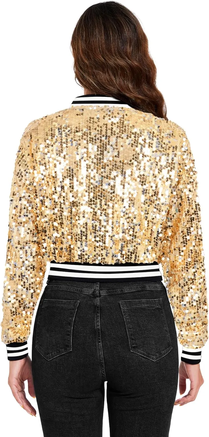 Anna-Kaci Women's Sparkly Sequin Cropped Jacket Long Sleeve Zipper Up Party Club Bomber Jacket