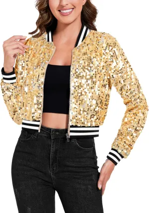 Anna-Kaci Women's Sparkly Sequin Cropped Jacket Long Sleeve Zipper Up Party Club Bomber Jacket