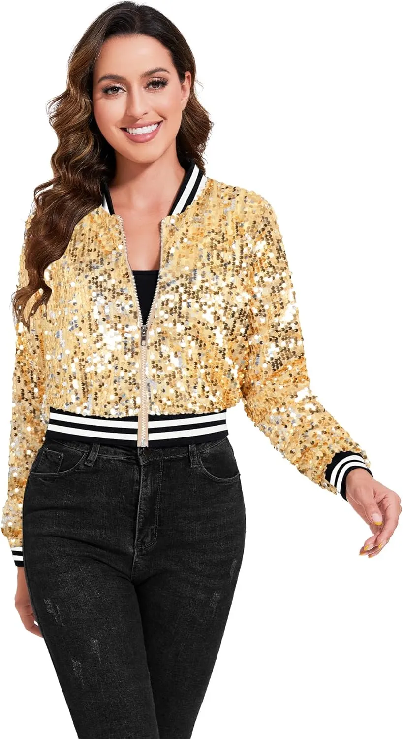 Anna-Kaci Women's Sparkly Sequin Cropped Jacket Long Sleeve Zipper Up Party Club Bomber Jacket