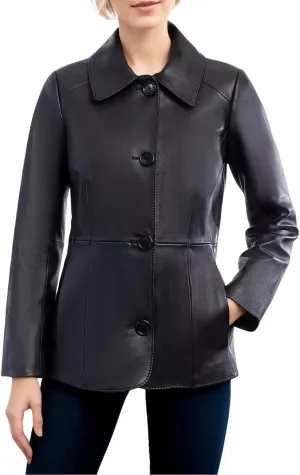 Anne Klein Women's Button-Front Leather Jacket-Black-M