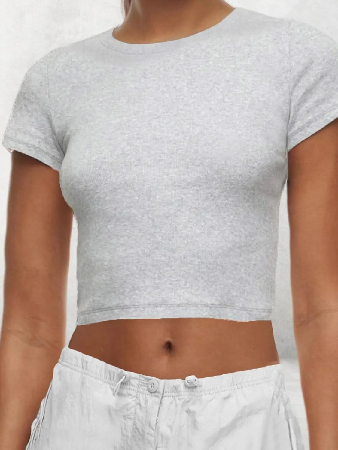 AnotherChill Women's Short Sleeve Crew Neck T-Shirts Ribbed Cotton Crop Top Y2K Summer Going Out Tops Baby Tee Outfits 2024