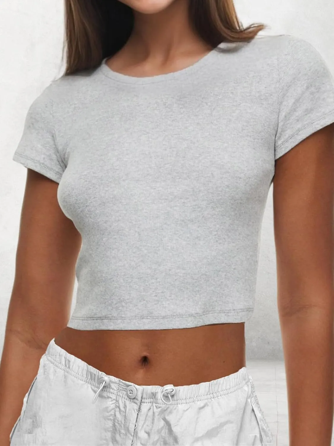 AnotherChill Women's Short Sleeve Crew Neck T-Shirts Ribbed Cotton Crop Top Y2K Summer Going Out Tops Baby Tee Outfits 2024