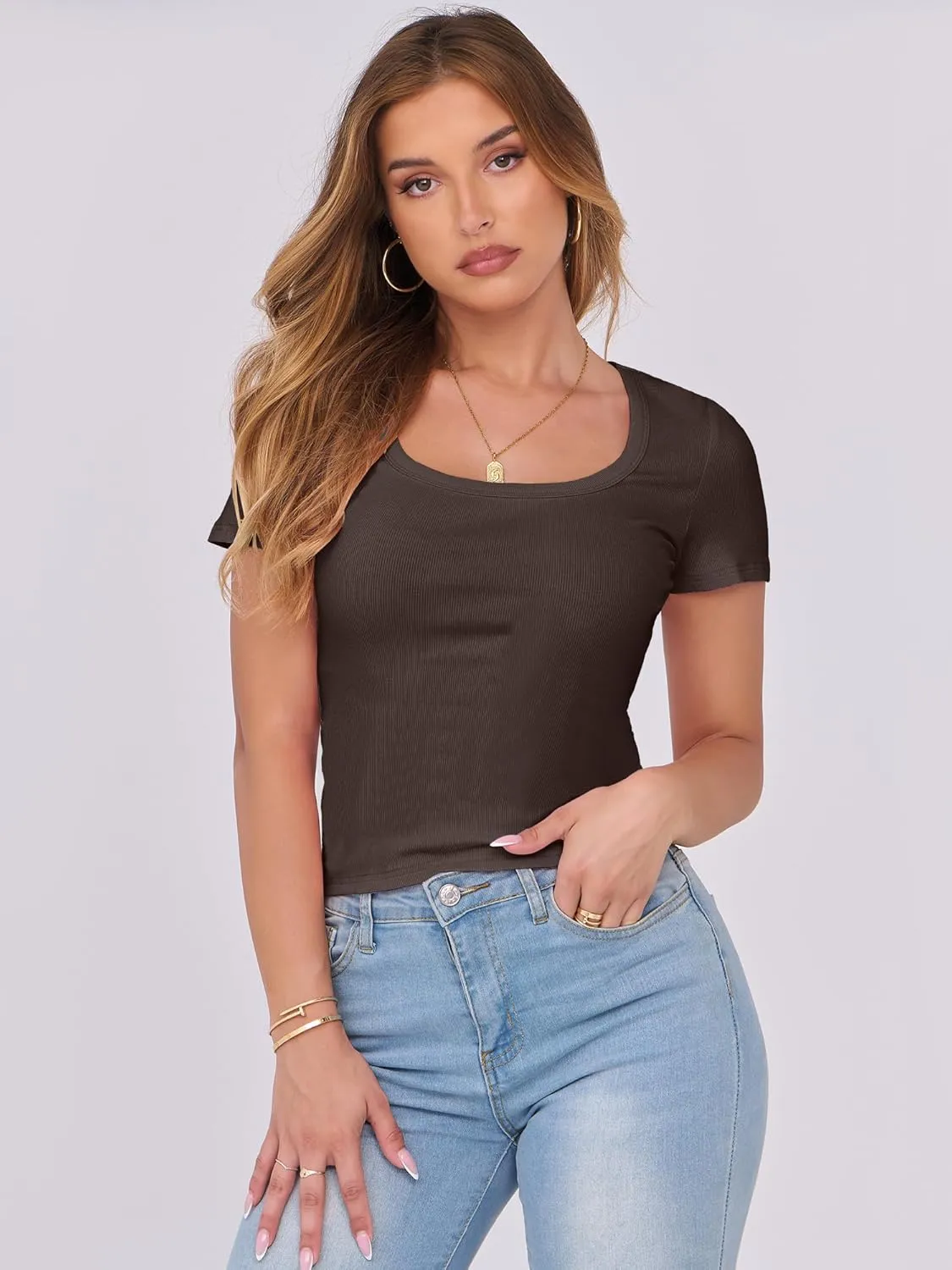 ANRABESS Women Short Sleeve Tops Scoop Neck Ribbed Knit Slim Fitted Basic Tee Shirts 2025 Casual Summer Trendy Clothes