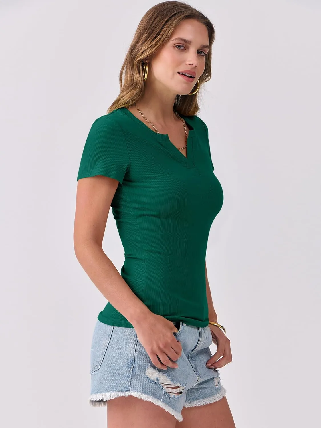 ANRABESS Women Short Sleeve Tops V Neck Rib Knit Slim Fit Shirts Basic Tee 2025 Summer Casual T-Shirt Outfits Clothes