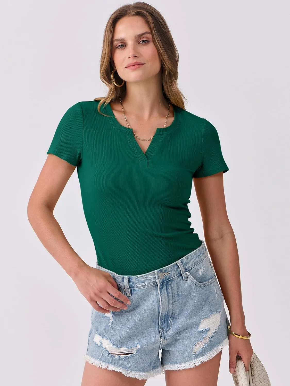 ANRABESS Women Short Sleeve Tops V Neck Rib Knit Slim Fit Shirts Basic Tee 2025 Summer Casual T-Shirt Outfits Clothes