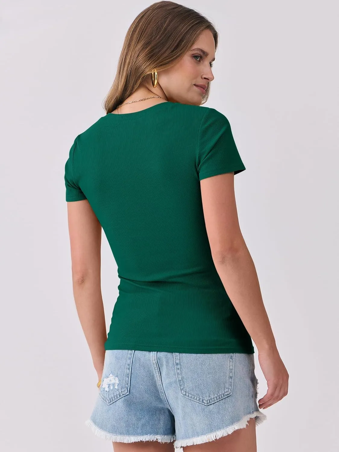 ANRABESS Women Short Sleeve Tops V Neck Rib Knit Slim Fit Shirts Basic Tee 2025 Summer Casual T-Shirt Outfits Clothes