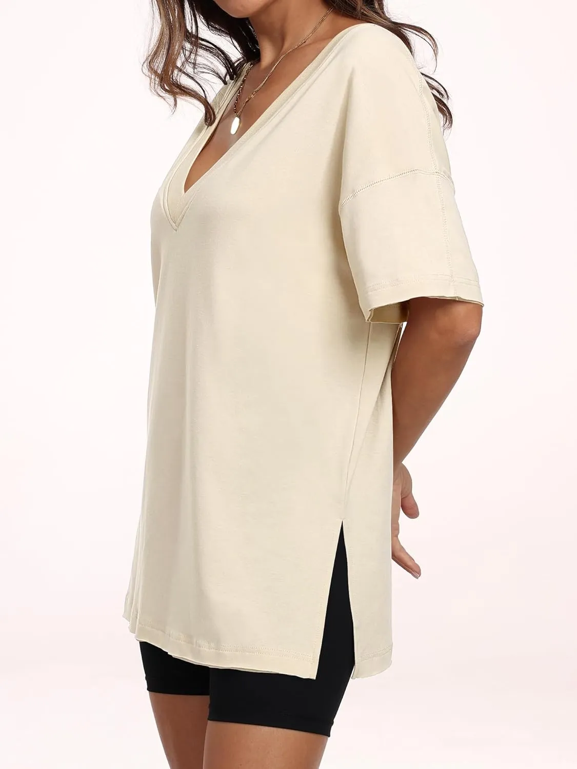 ANRABESS Women's Oversized T-Shirt Short Sleeve V Neck Loose Baggy Reversible Tops Casual Tee Shirts Summer Outfits 2025