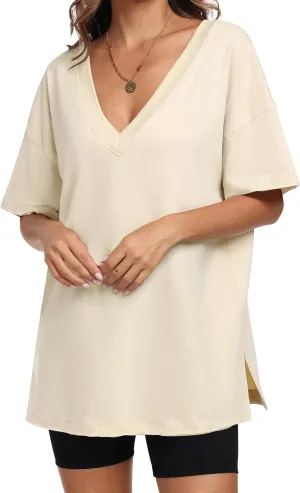 ANRABESS Women's Oversized T-Shirt Short Sleeve V Neck Loose Baggy Reversible Tops Casual Tee Shirts Summer Outfits 2025