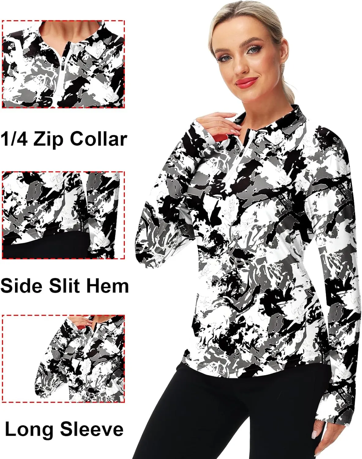 AOBUTE Women's Long Sleeve Golf Shirts Zip Polo Tennis Top with Thumb Hole