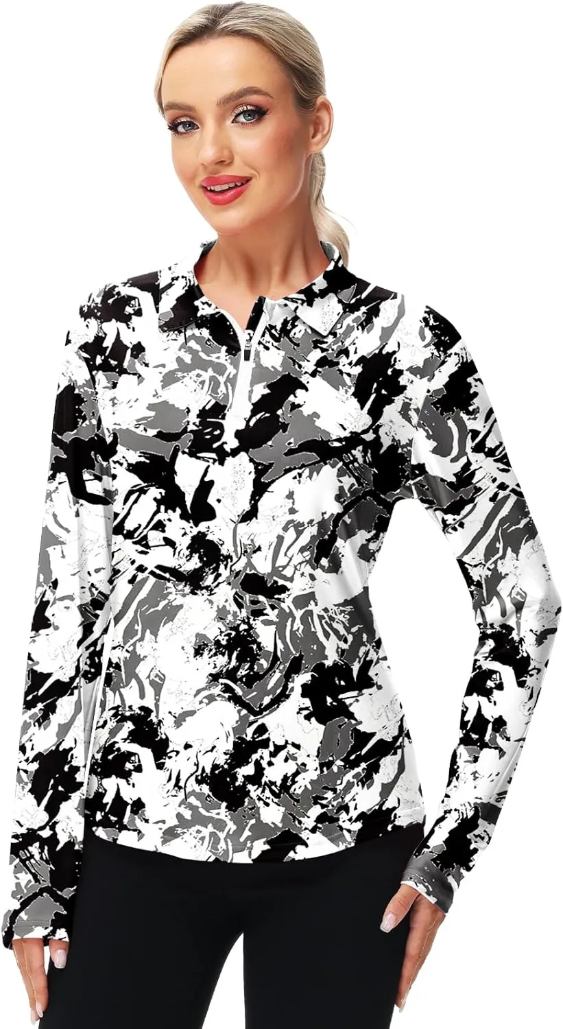 AOBUTE Women's Long Sleeve Golf Shirts Zip Polo Tennis Top with Thumb Hole
