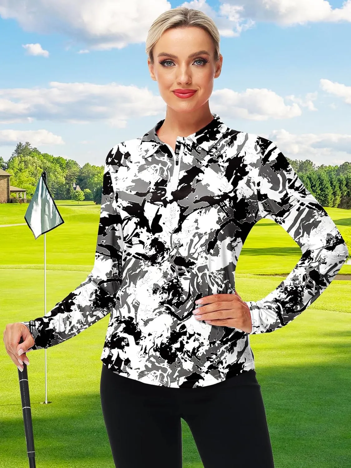 AOBUTE Women's Long Sleeve Golf Shirts Zip Polo Tennis Top with Thumb Hole