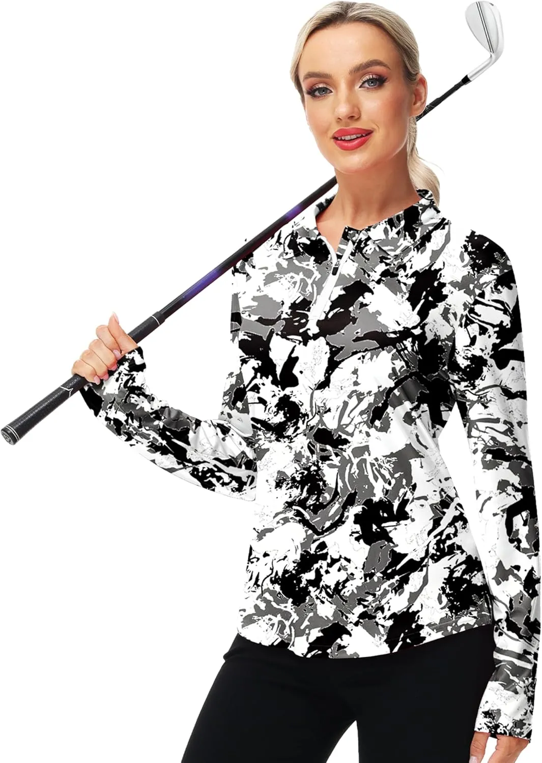 AOBUTE Women's Long Sleeve Golf Shirts Zip Polo Tennis Top with Thumb Hole