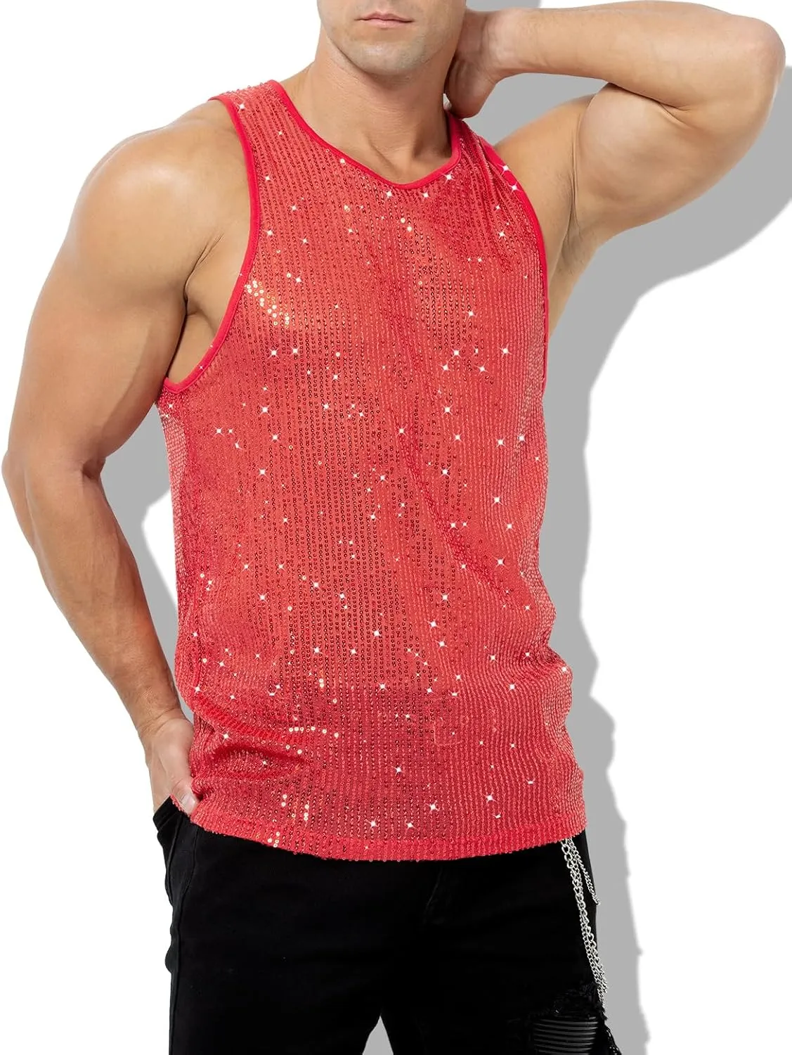 Arjen Kroos Men's Sexy Sparkly Tank Top See-Through Mesh Sequin Disco Vest