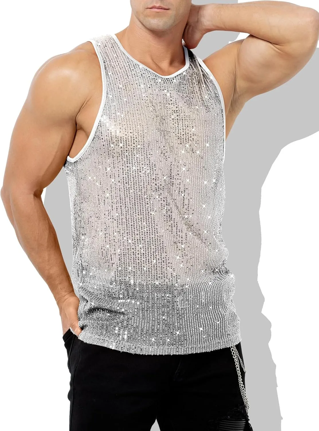 Arjen Kroos Men's Sexy Sparkly Tank Top See-Through Mesh Sequin Disco Vest