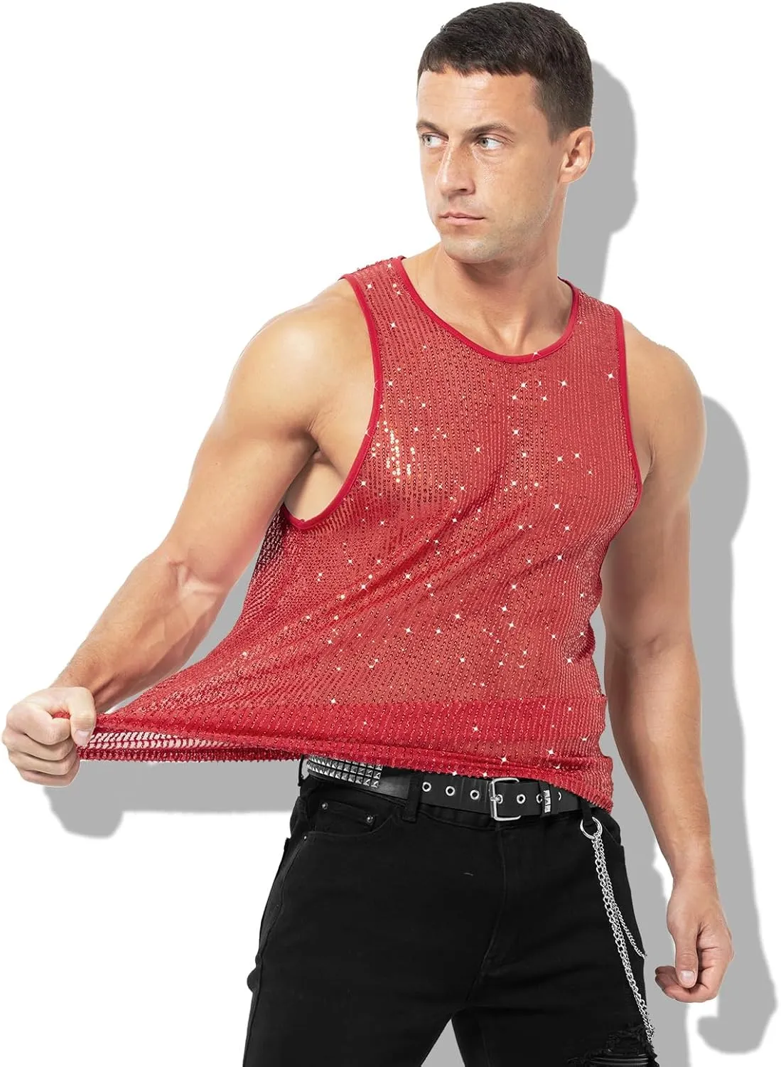 Arjen Kroos Men's Sexy Sparkly Tank Top See-Through Mesh Sequin Disco Vest