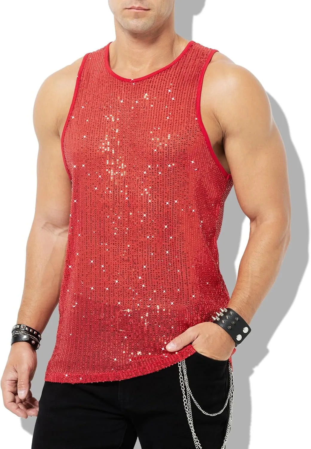 Arjen Kroos Men's Sexy Sparkly Tank Top See-Through Mesh Sequin Disco Vest