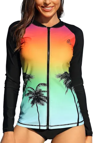 ATTRACO Women's Long Sleeve Rash Guard UV Sun Protection Zipper Gradient Swimsuit Top