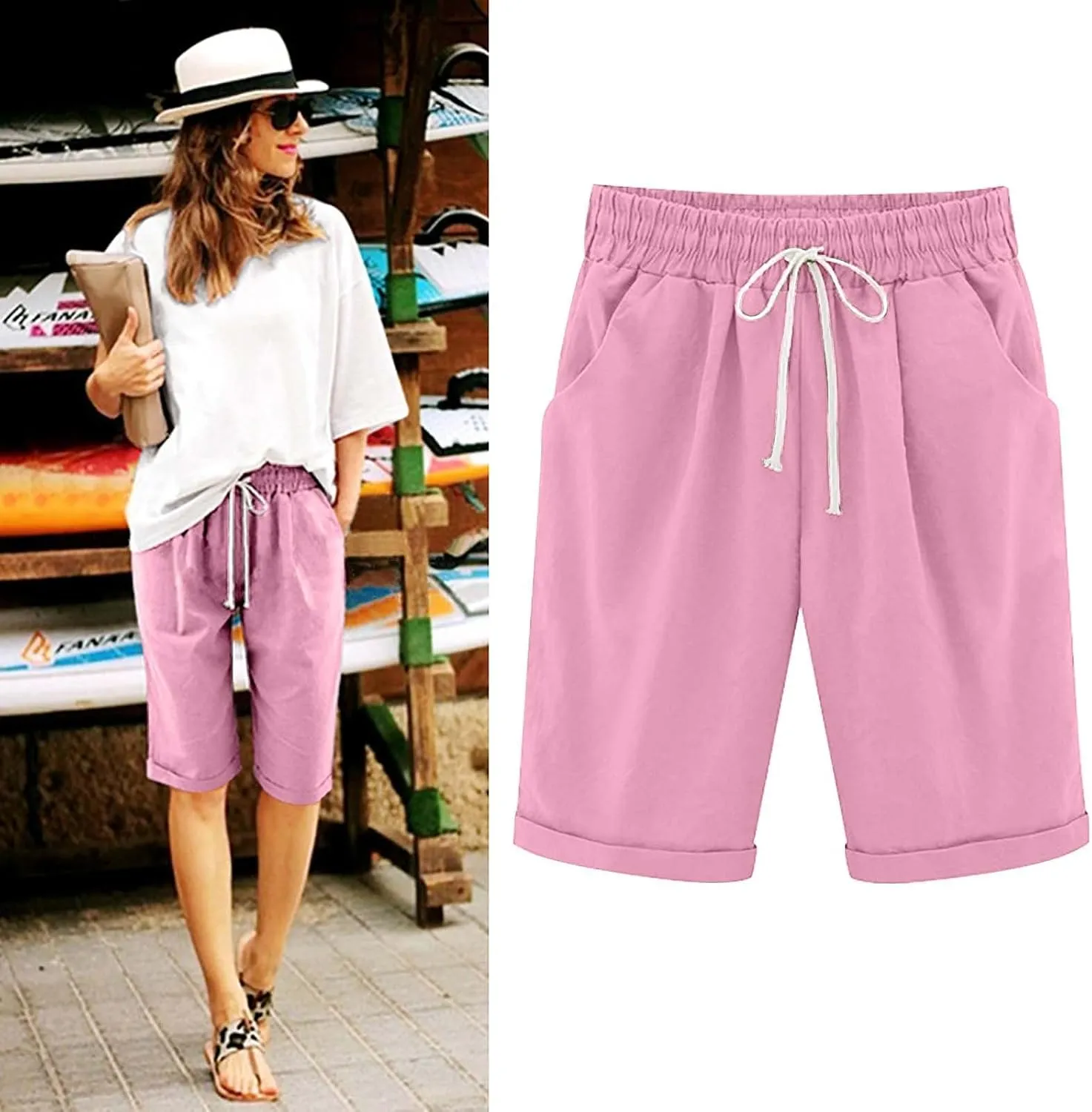 Bermuda Shorts for Women 2025 Casual Summer Beach Drawstring Shorts with Pocket Knee Length Loose Cute Vacation Short