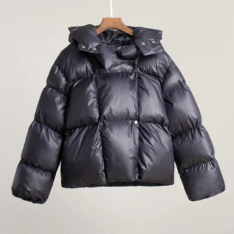 Bonnyshow Winter Thicken Warm Windproof Women's Coat Casual Loose Solid Color Coats with Hat Women Fashion Single Breasted Outerwears