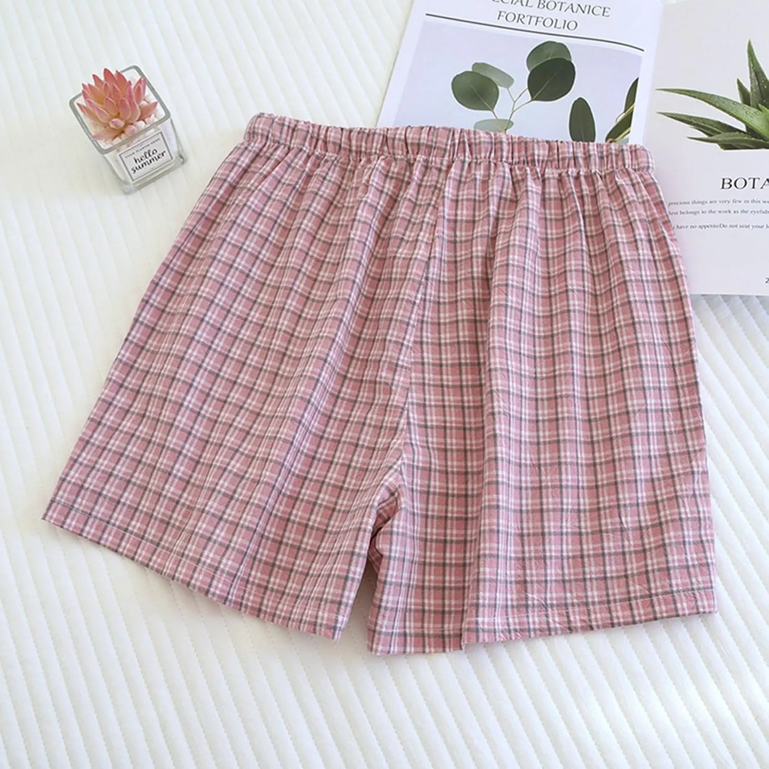 Boxer Shorts for Women Cute Plaid Mid Elastic Waist Cotton Linen Shorts Summer Loose Comfy Casual Wide Leg Lounge Bottoms